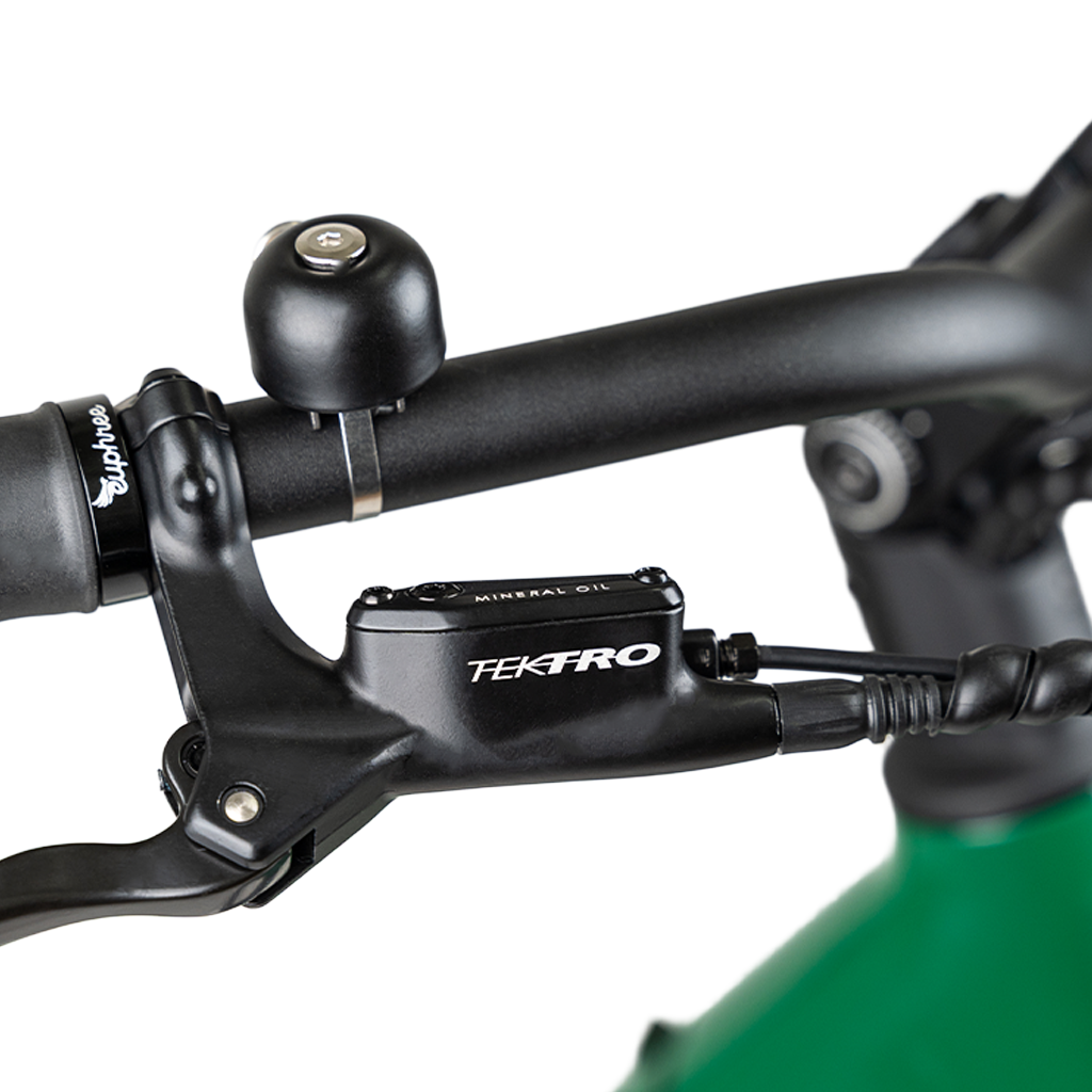 Ivy Solar Sparrow close-up showing Tektro hydraulic disc brakes with 180mm rotors and motor cutoff for safe, responsive stopping