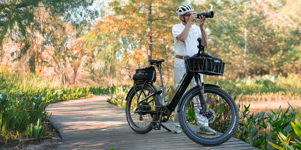 Euphree ebike on a scenic trail equipped with comfort accessories